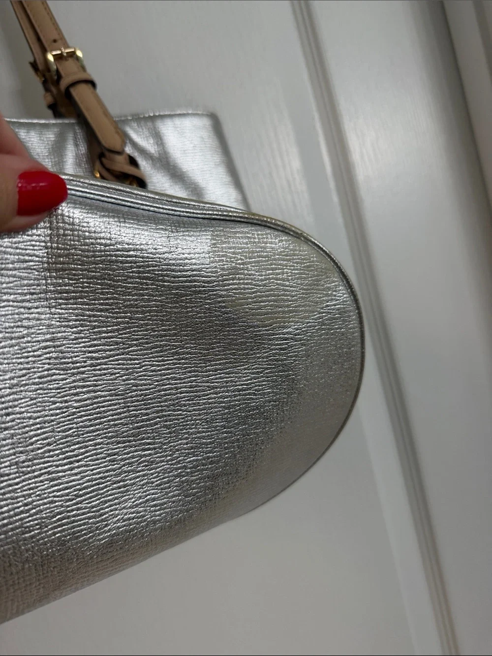 Michael Kors Metallic Silver Tote with Tan Straps